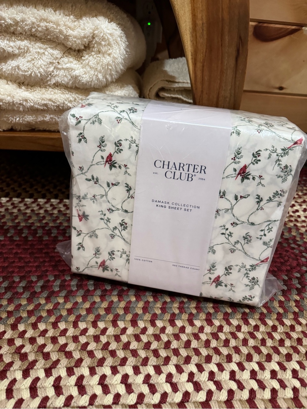 Charter Club King Sheet Set with Green Vine, Red Floral and Cardinal Accents